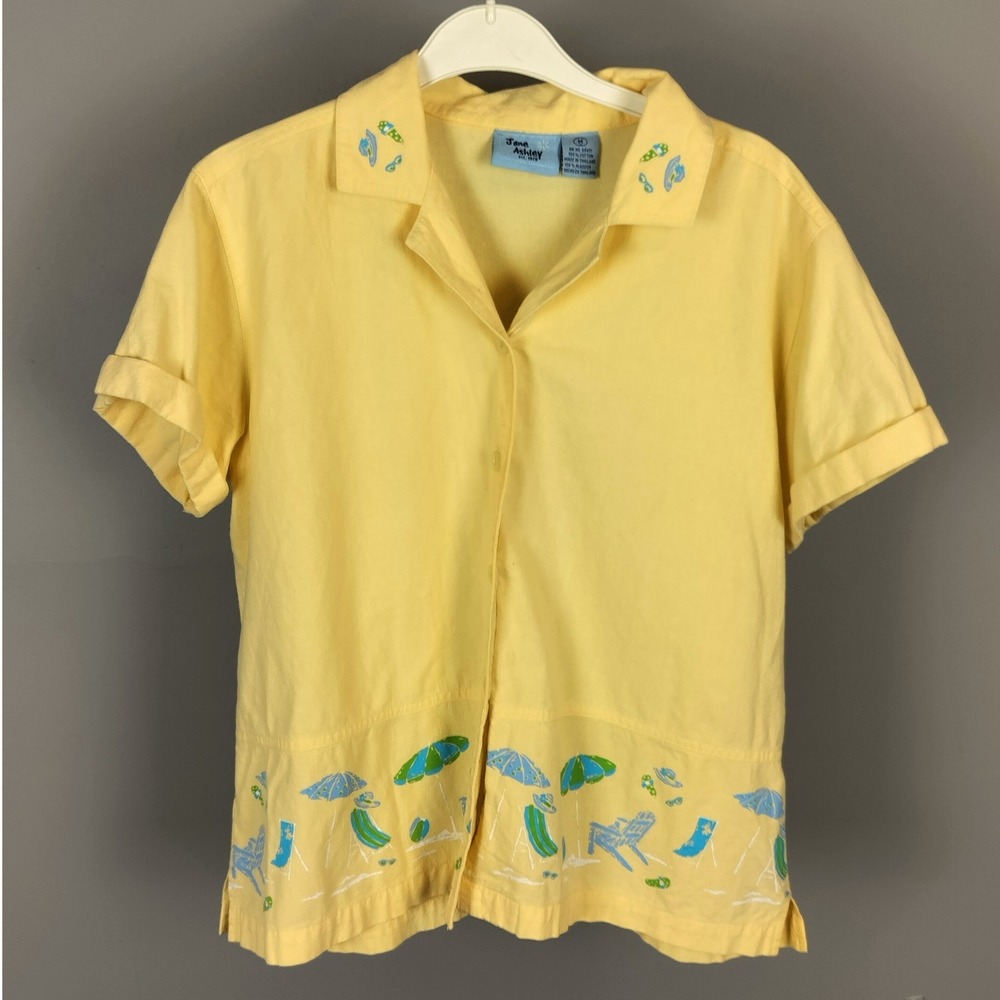 Vintage Jane Ashley Cotton Beach Embroidered Button Up Shirt Yellow 90s Camp Y2K
